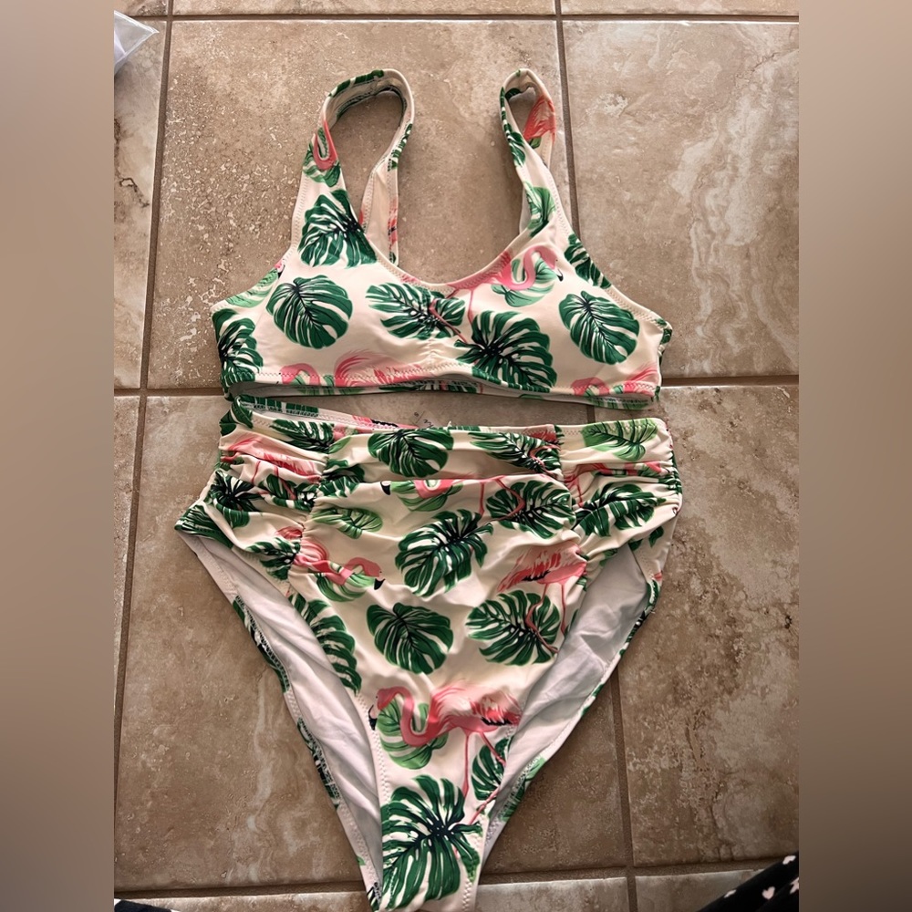 Tropical Monstera and Flamingo High-Waisted Bikini